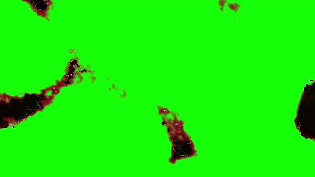 White paper burning, revealing burnt edges on green screen. Fire flames forms dark stains burn through paper. Burning paper. Abstract animation transition of realistic fire effect. 4K, Alpha channel.