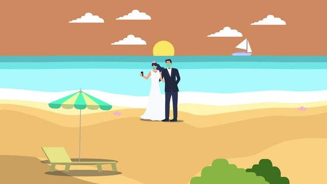 Wedding couple taking selfie photo at beach