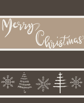 Merry christmas beige greeting card with various hand drawn winter elements. Trees, snowflakes