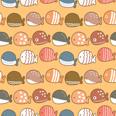 Seamless Pattern with Cartoon Fish Illustration Design on Yellow Background