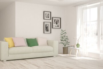White living room with sofa. Scandinavian interior design. 3D illustration