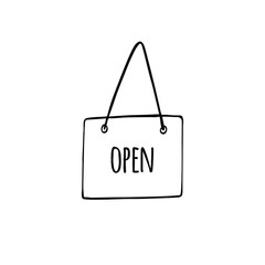 Vector hand drawn doodle sketch door sign with open text isolated on white background