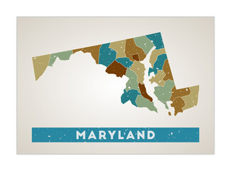 Maryland map. Us state poster with regions. Old grunge texture. Shape of Maryland with us state name. Powerful vector illustration.