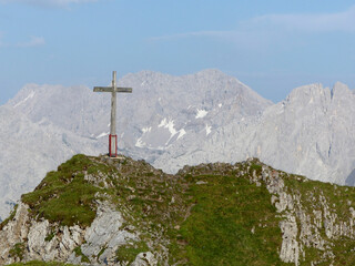 Summit cross Grubigstein mountain, Lechtal Alps, Tyrol, Austria