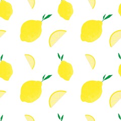 Hand drawn seamless pattern with juice lemon and slice of lime on white background. Summer pattern with fruits. Vector.