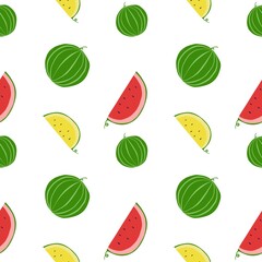 Red and yellow watermelon. Hand drawn seamless pattern with watermelon and slice of watermelon on white background. Summer pattern with fruits. Vector.
