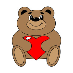 Сartoon vector illustration of a cute bear with a red heart for greeting cards for Valentine's Day, birthday.
