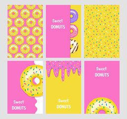 Set of bright food cards. Set of donuts with pink glaze. Seamless pattern, background, card, poster.