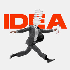 Manager headed by lightbulb running with fresh idea. Copyspace to insert your text. Modern design. Contemporary art. Creative conceptual and colorful collage. Office worker lifestyle concept.