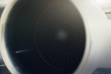 Closeup of a jet engine of a passenger plane.