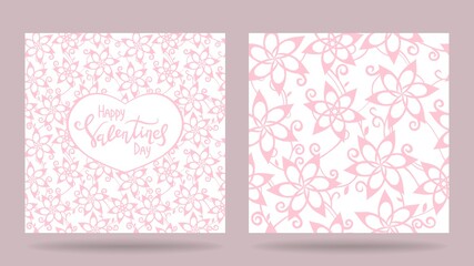 Happy Valentine's day. Set of templates. Greeting card and seamless pattern. Vector illustration.