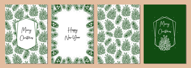 Set of Christmas greeting cards. Cone with spruce branch, pine tree element seamless pattern, background, texture. Ink vector illustration.