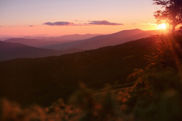 Beautiful sunset from the tops of the mountains of the Carpathians in spring.
