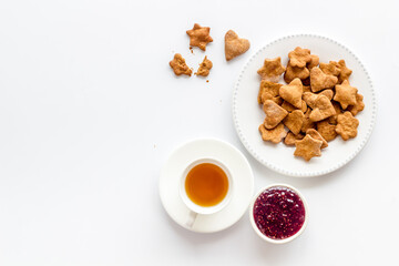 Homemade biscuits with tea, overhead view