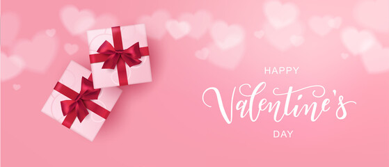 Fototapeta na wymiar Happy Valentine's Day hand lettering typography with realistic looking gift boxes and hearts. Vector design for greeting cards, banner, poster template. Celebration illustration.