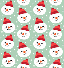 Vector seamless pattern of hand drawn doodle flat snowman face isolated on mint background