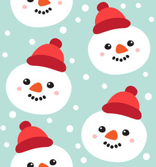 Vector seamless pattern of hand drawn doodle flat snowman face isolated on blue background