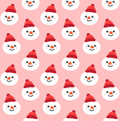 Vector seamless pattern of hand drawn doodle flat snowman face isolated on pink background