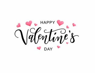Happy Valentine's day text, hand lettering typography poster with hearts. Vector illustration. Romantic quote postcard, card, invitation, banner template.
