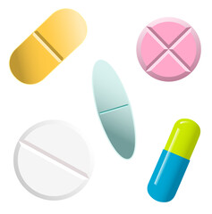 Vector illustraion with set of different pills isolated on white.