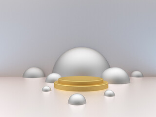 Empty gold podium and stage with silver hemispheres in gray colors. 3d illustration