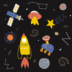 Seamless pattern with rocket, planets, comet, stars, ufo. Space exploration, space trip. Childish, Cute style background.  Illustration for textile, fabric, wallpaper, web design