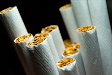 A pack of white cigarettes photographed close-up - 399766714