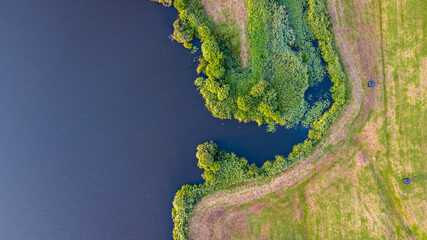 Dutch green shores of lake district. Aerial drone shot