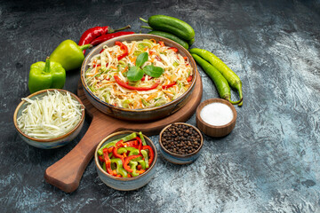 front view tasty salad with fresh vegetables on light grey background food diet color meal health