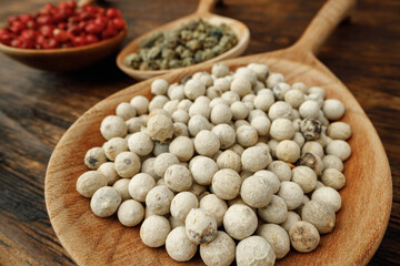 Red, green and white peppercorns spice macro