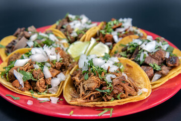 Assortment sampler platter of street tacos loaded with chicken, pork al pastor, steak asada, and presented on a red plate.