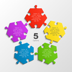 Five piece puzzle business presentation. Circle infograph. 5 step puzzle process diagram. Five section compare service banner. 5 section shape, info graphic banner background
