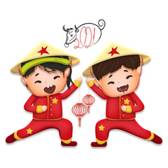 Happy lunar new year 2021 greeting card with cute boy, girl happy smile so funny. Kids hold lantern cartoon character. Year of the Ox