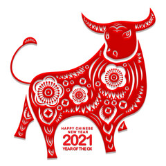 Happy Chinese New Year 2021 year of the ox ,Chinese Zodiac Sign Paper cut red ox