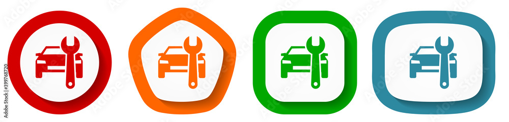Poster Auto service vector icon set, flat design buttons on white background