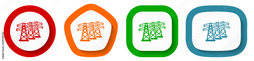 Poster power line, energy towers vector icon set, flat design buttons on white background