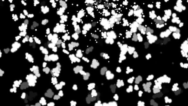 Particles of blurry flakes of snow fly on a black background. Space, universe. 3d illustration.