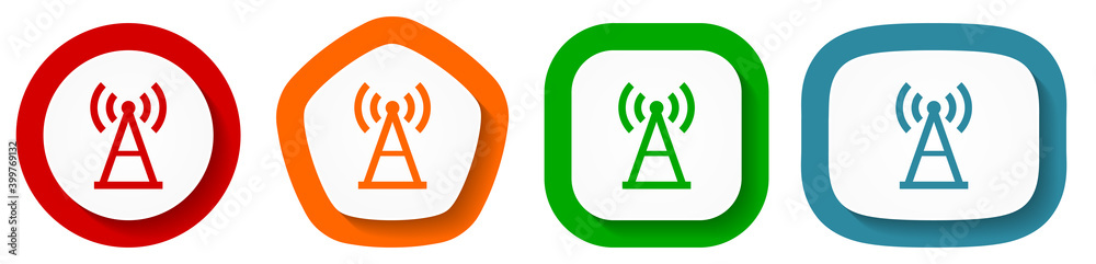 Poster antenna, signal vector icon set, flat design buttons on white background