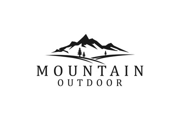 Mountain logo outdoor emblem circle - adventure wildlife pine tree forest design, hiking exploration nature, camping basecamp campfire alpine himalaya.