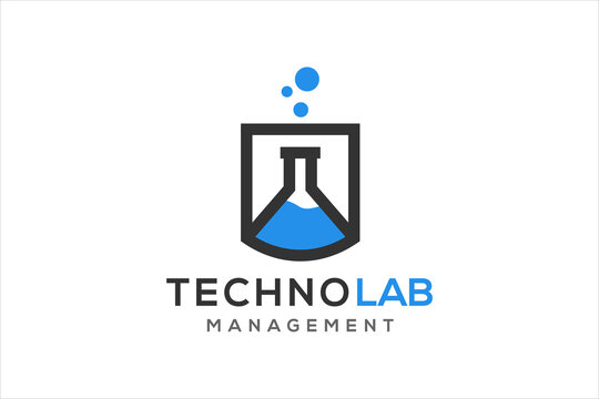 Laboratory logo modern, florence flask with bubble element, simple minimalist, scientific lab. Medical Technology.