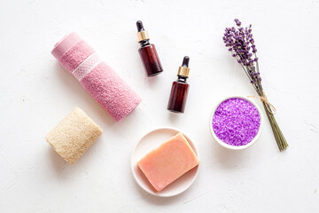 Fototapeta na wymiar Set of organic spa cosmetics with lavender herbs