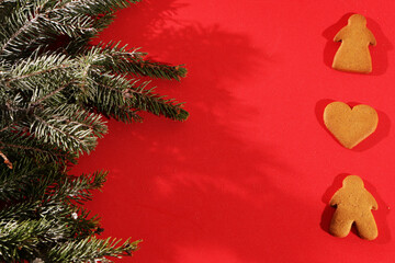 Christmas and New Year background. Fir branches with cones lie on a wooden background.