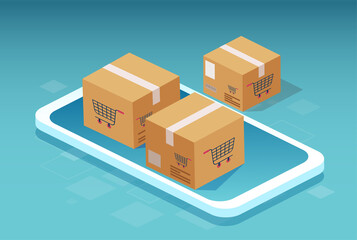Vector of a smart phone and cardboard boxes with a shopping cart symbol