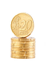 Euro coins: 20 cent, isolated on white background closeup. Money concept. 