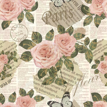 Seamless Paris travel wallpaper.Vintage newspaper background.