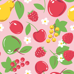 Stylized seamless pattern with garden fruits and berries: apple, pear, currant, raspberry, cherry, strawberry. Vector background for packaging, textile, wallpaper.