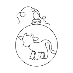 Christmas decoration ball with cow pattern, continuous line. Vector illustration, isolated on white background.