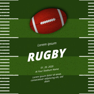 rugby or american football sport league competition poster announcement with realistic 3d oval ball top view on the green field yard