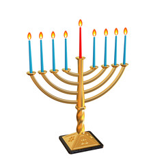 Golden hanukkiah. Hanukkah Menorah. Star of David Hanukkah menorah. Lighting Hanukkah candles. Happy Hanukkah. Jewish holiday Chanukkah greeting card. 3D illustration.