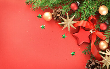 Red christmas background with shiny star, golden balls